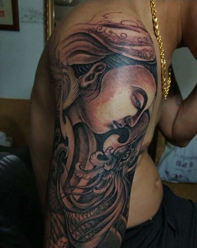 观音凤凰作品未完纹身图片_手臂动物人物鬼神成品纹身图案