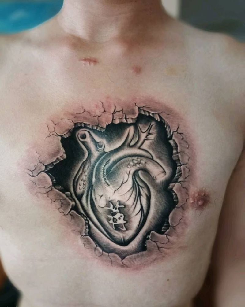 心脏纹身图片_胸部欧美写实原创心脏石裂成品纹身图案