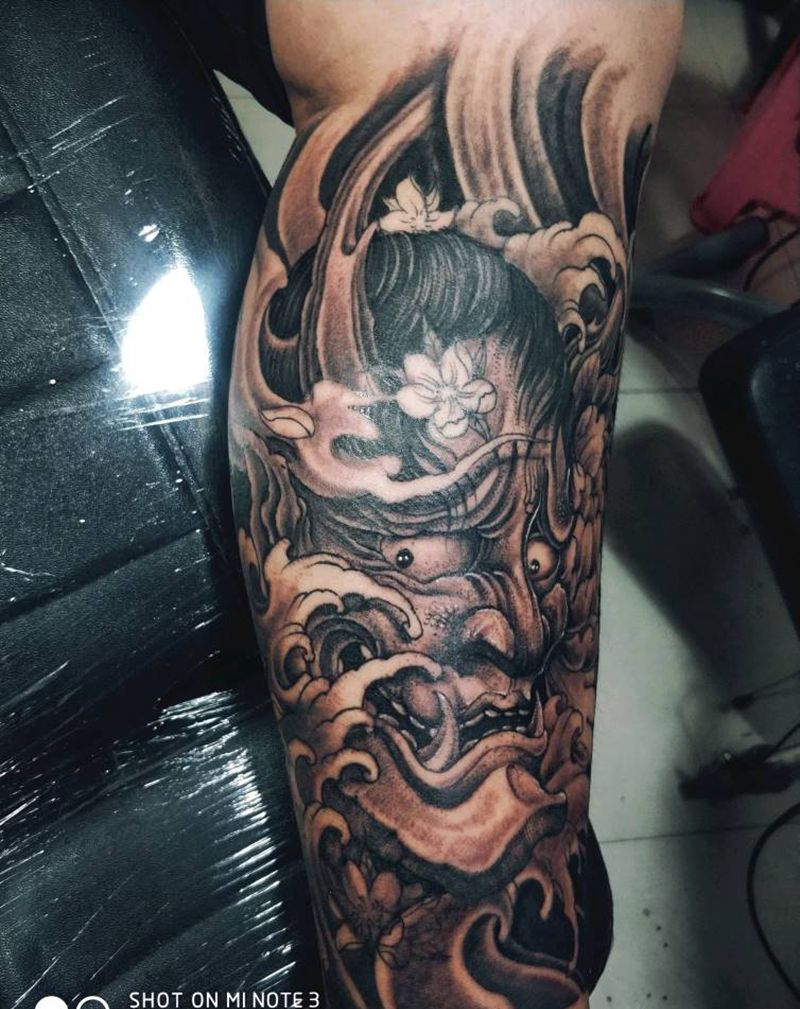 般若艺妓包小腿作品纹身图片_腿部新传统纹身图案