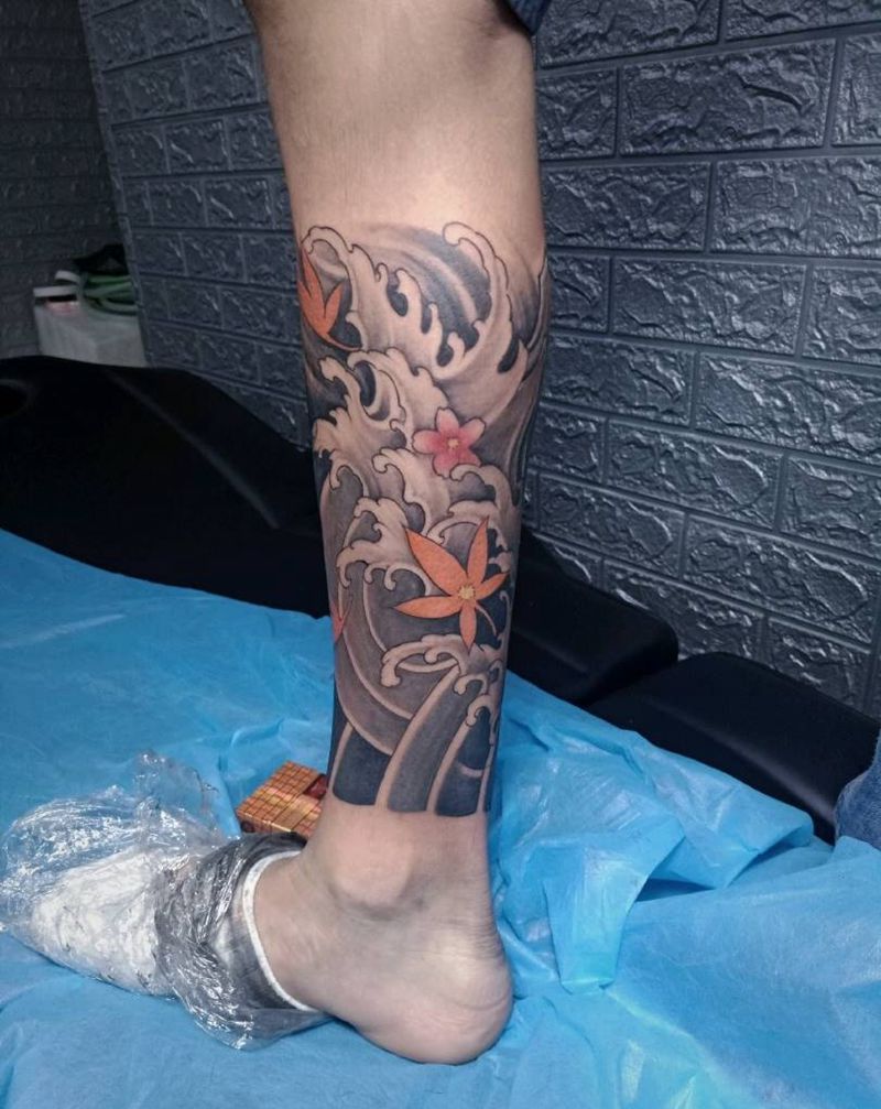 浪纹身图片_腿部纹身图案