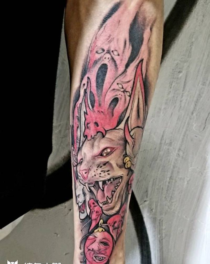 猫面纹身图片_手臂欧美动物成品纹身图案