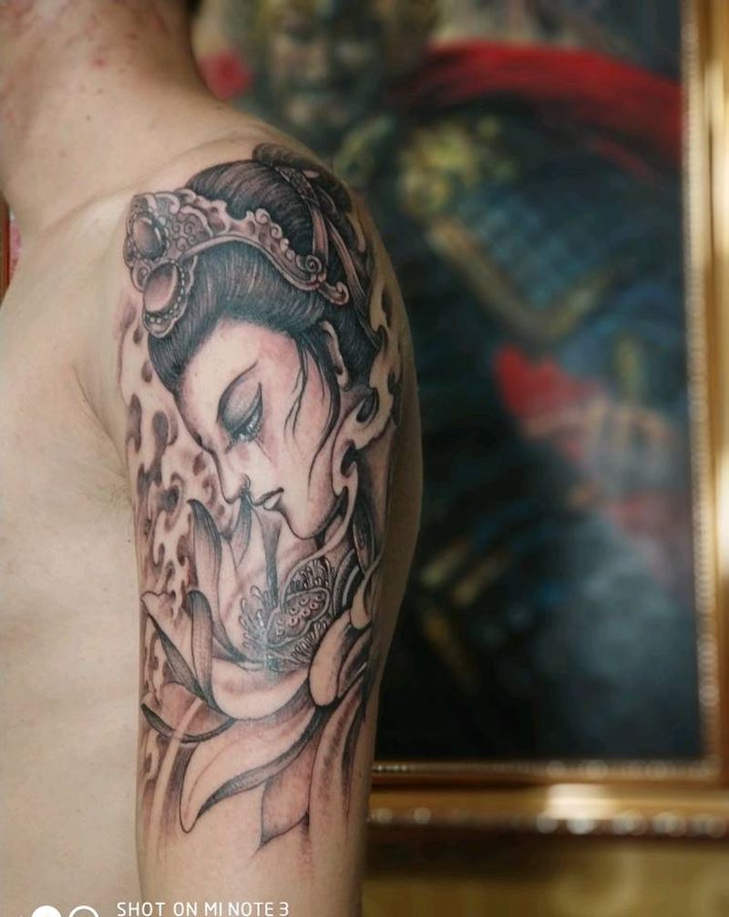 莲花女神纹身图片_手臂传统人物成品纹身图案