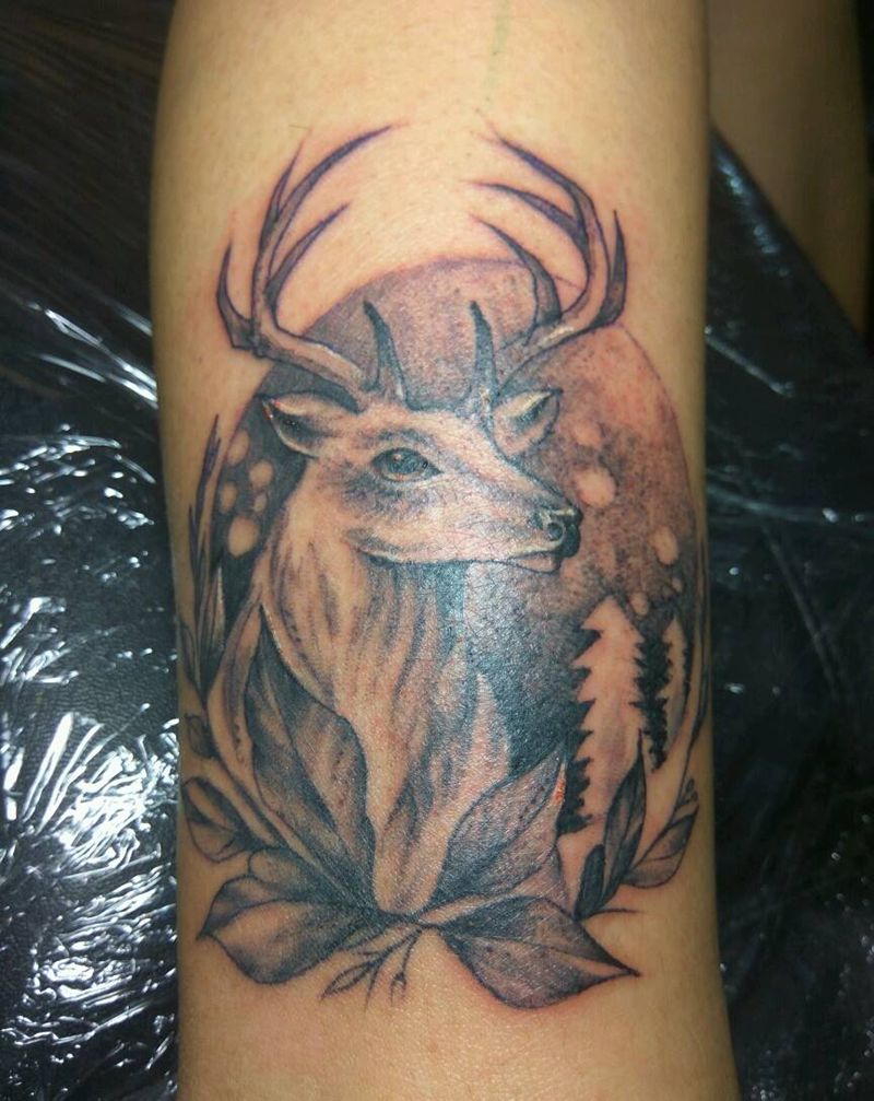 鹿头、纹身图片_手臂脚部欧美清新动物成品纹身图案