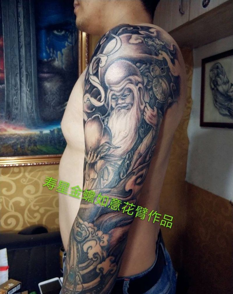 寿星金蟾如意花臂作品纹身图片_手臂传统人物鬼神成品纹身图案