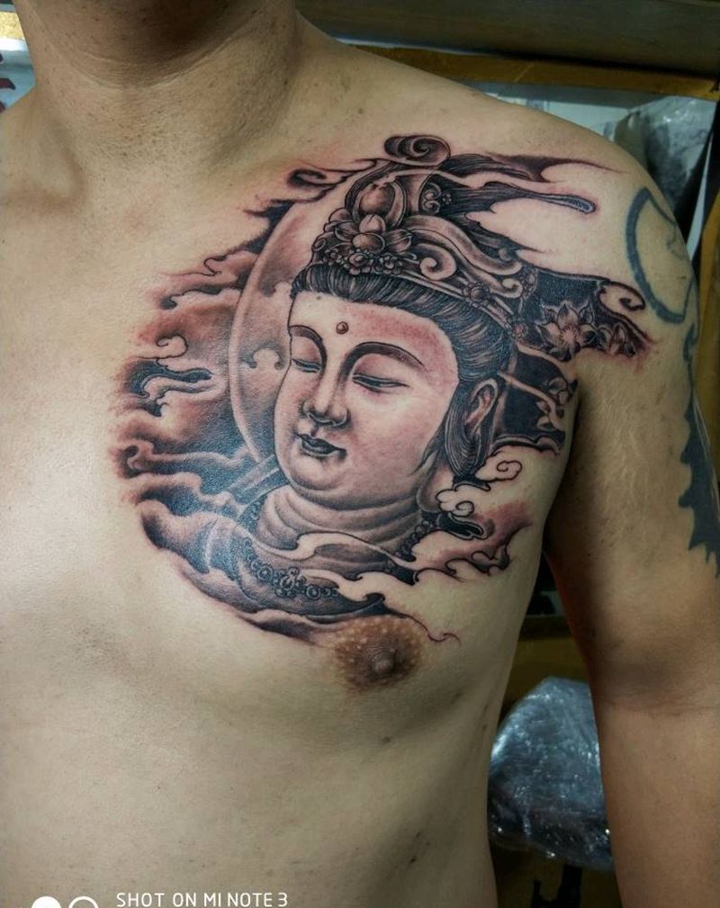 胸口菩萨纹身图片_胸部传统鬼神成品纹身图案