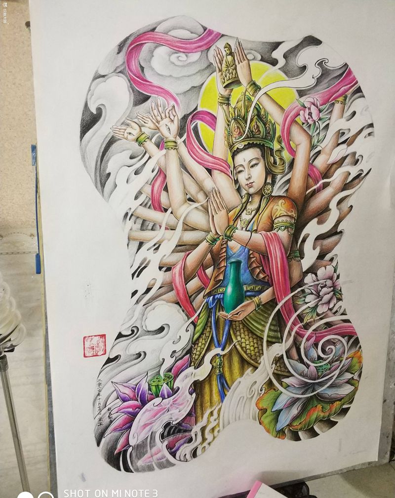 原创手稿纹身图片_背部传统人物鬼神成品纹身图案