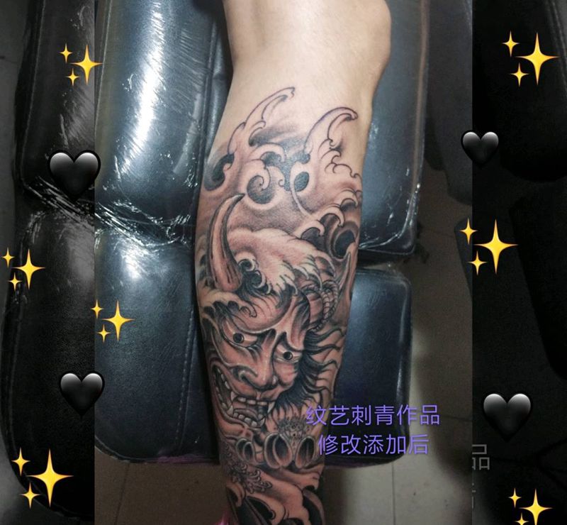 小腿般若添加修改作品纹身图片_腿部新传统纹身图案