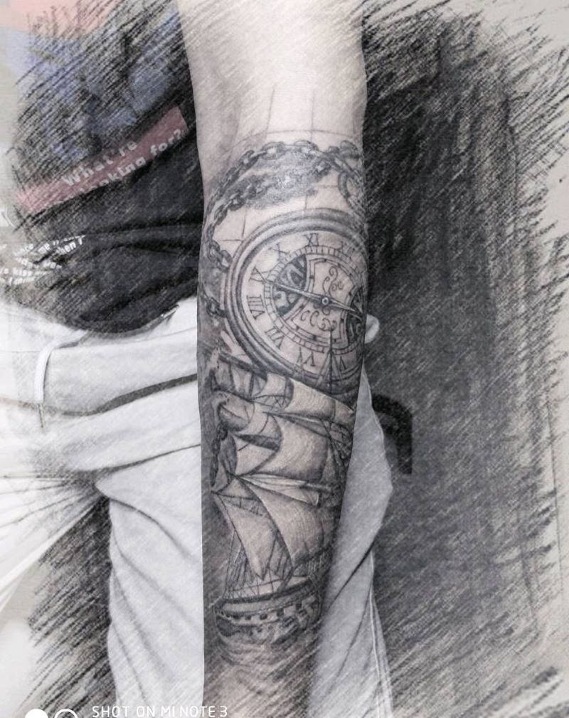钟表帆船作品纹身图片_手臂欧美写实纹身图案