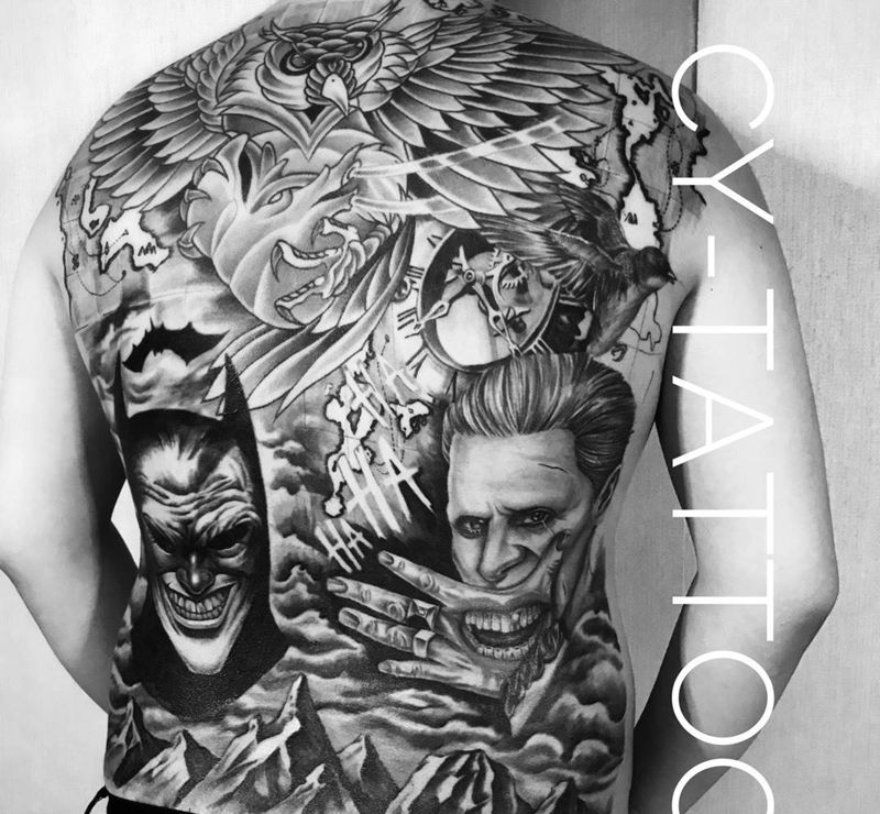 拼接满背完成纹身图片_人物原创欧美写实肖像成品手臂背部肩部动物纹身图案