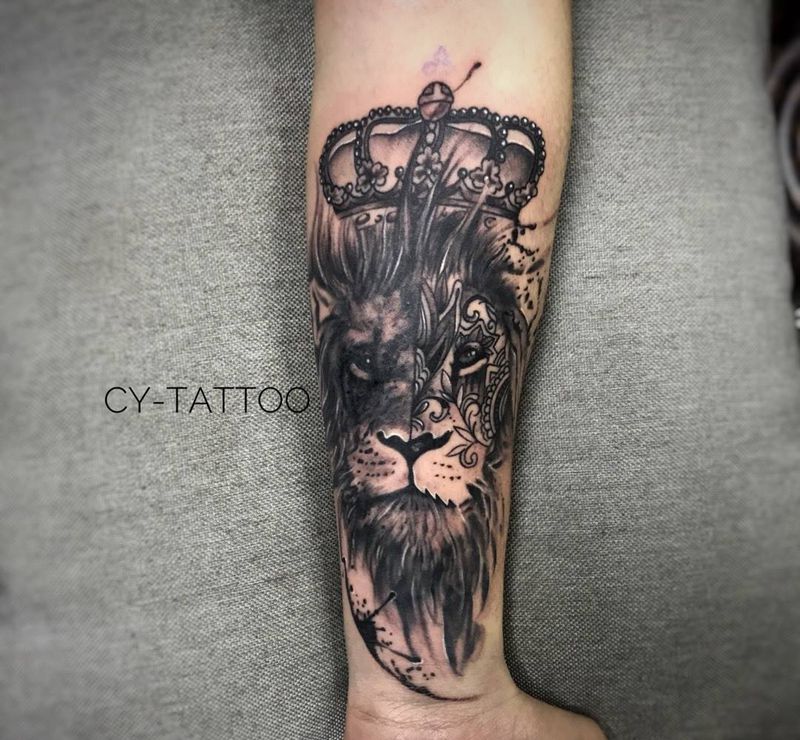 狮子纹身图片_手臂腿部成品欧美清新写实人物动物几何纹身图案