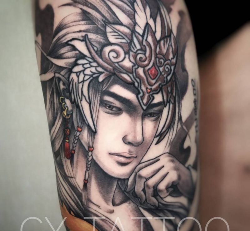 兰陵王（未完成）纹身图片_手臂腿部欧美肖像传统人物国画成品插画纹身图案