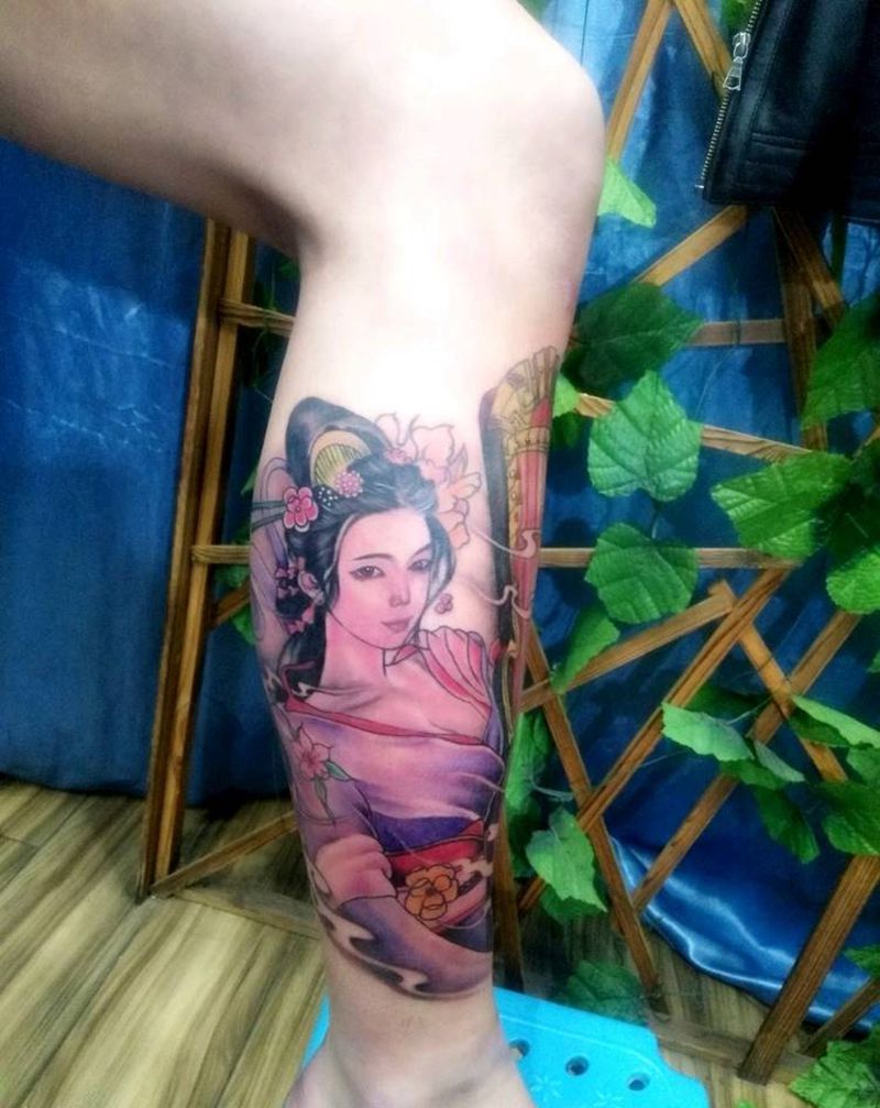 中国风仕女纹身图片_腿部新传统纹身图案