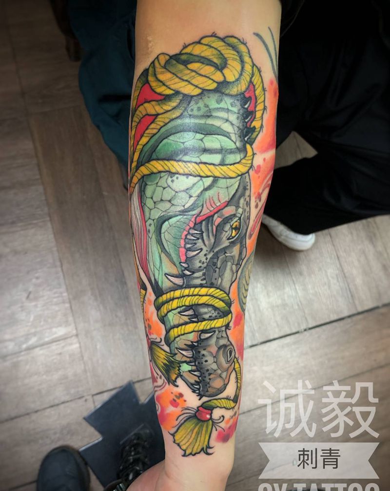 newschool鳄鱼纹身图片_手臂腿部New SchoolOld School鳄鱼花臂小臂纹身图案