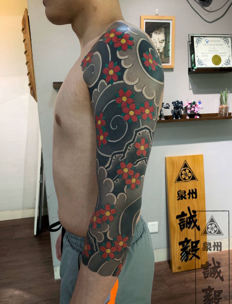 圆三针老传统花臂纹身图片_手臂腿部老传统新传统纹身图案