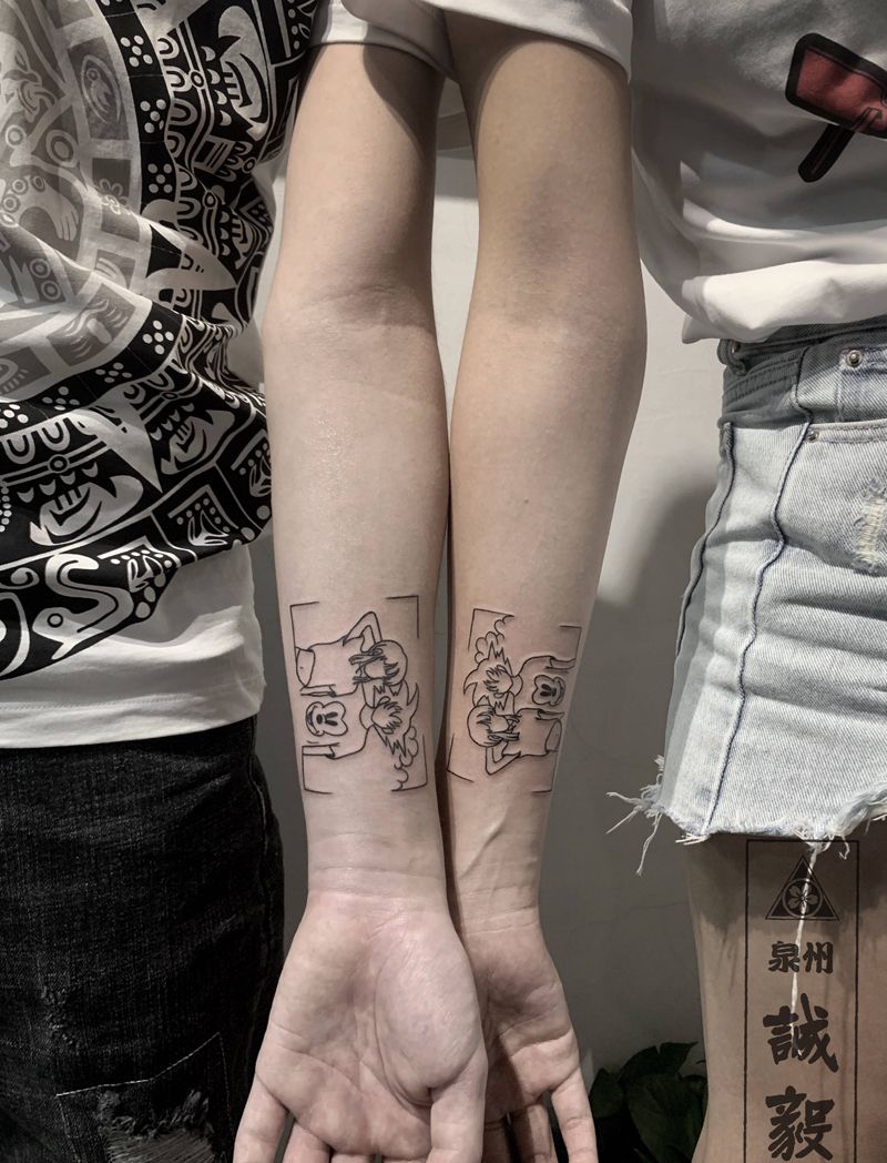 情侣纹身纹身图片_手臂腿部点刺Old School情侣简笔画纹身图案
