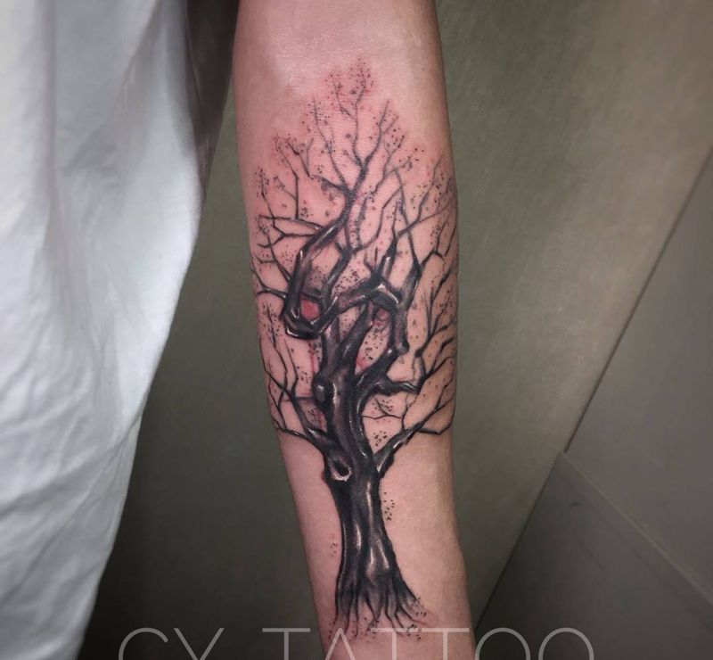 原创树纹身纹身图片_手臂腿部水墨欧美写实纹身图案