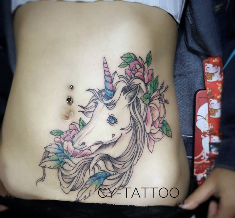 独角兽遮盖纹身图片_动物欧美清新成品手臂腿部腹部腰部纹身图案