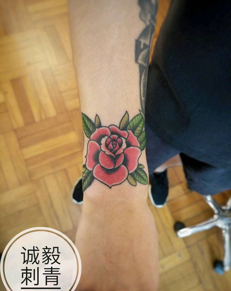 原创oldschool玫瑰纹身图片_背部手臂腿部欧美传统清新几何植物原创成品纹身图案