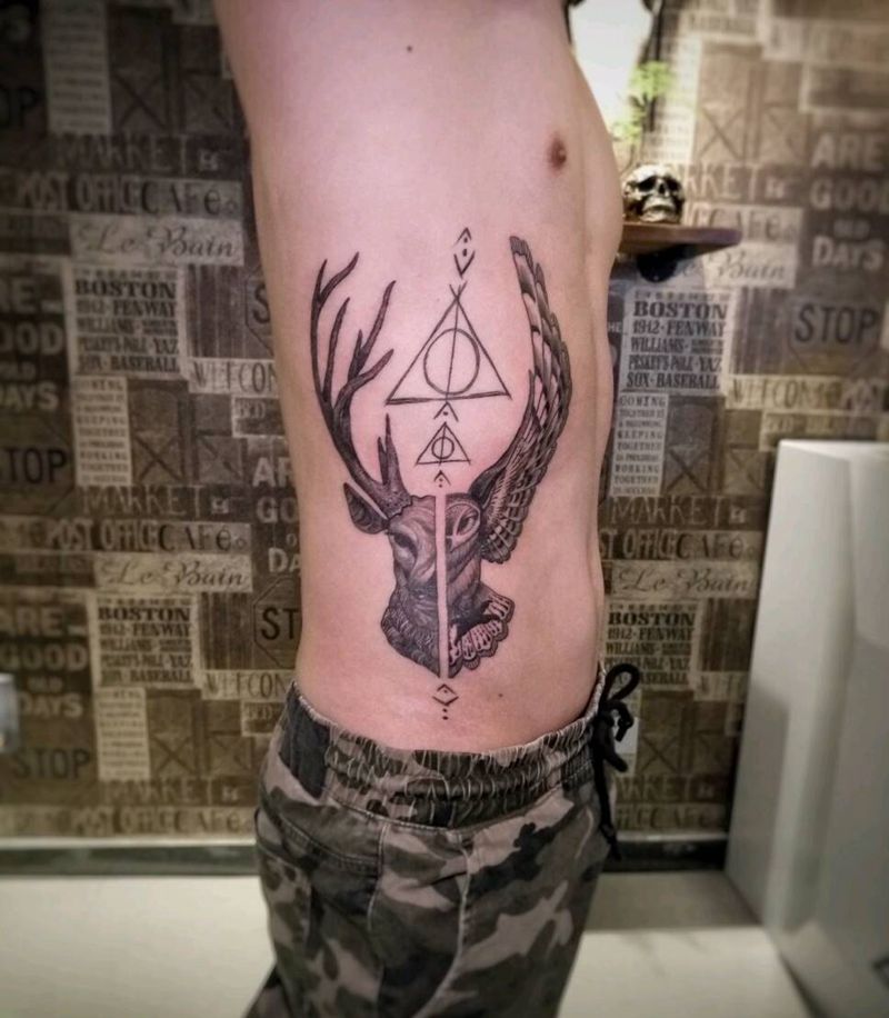 鹿与猫头鹰纹身图片_腰部背部手臂腿部欧美清新写实几何动物成品纹身图案