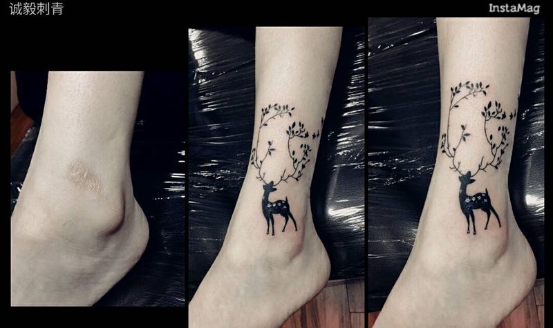 梅花鹿鹿遮盖疤痕纹身图片_腿部脚部欧美清新动物静物图腾成品纹身图案