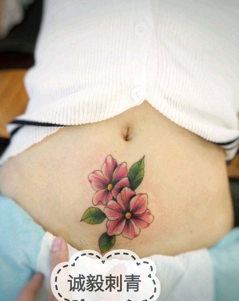 水彩风格纹身遮盖疤痕纹身图片_腹部腰部欧美传统清新写实植物原创成品纹身图案