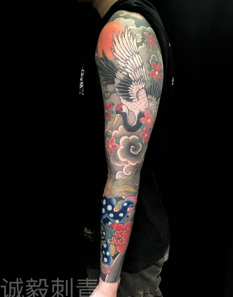 原创仙鹤唐狮花臂纹身图片_成品手臂传统习俗原创动物鬼神腿部肩部纹身图案