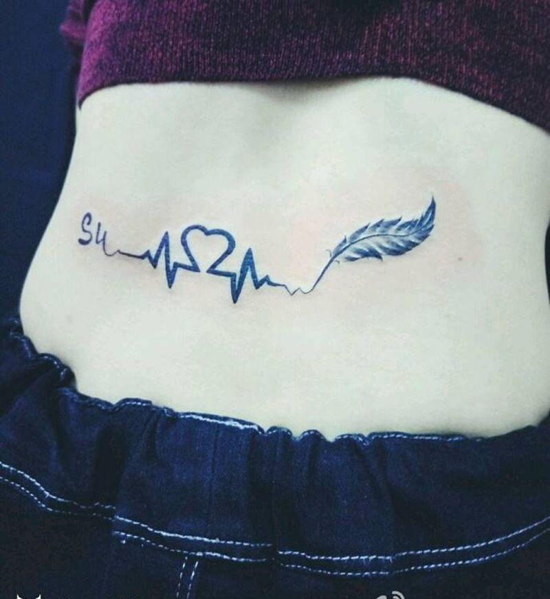 羽毛心电图纹身图片_肩部胸部腰部手臂腿部欧美清新植物图腾纹身图案