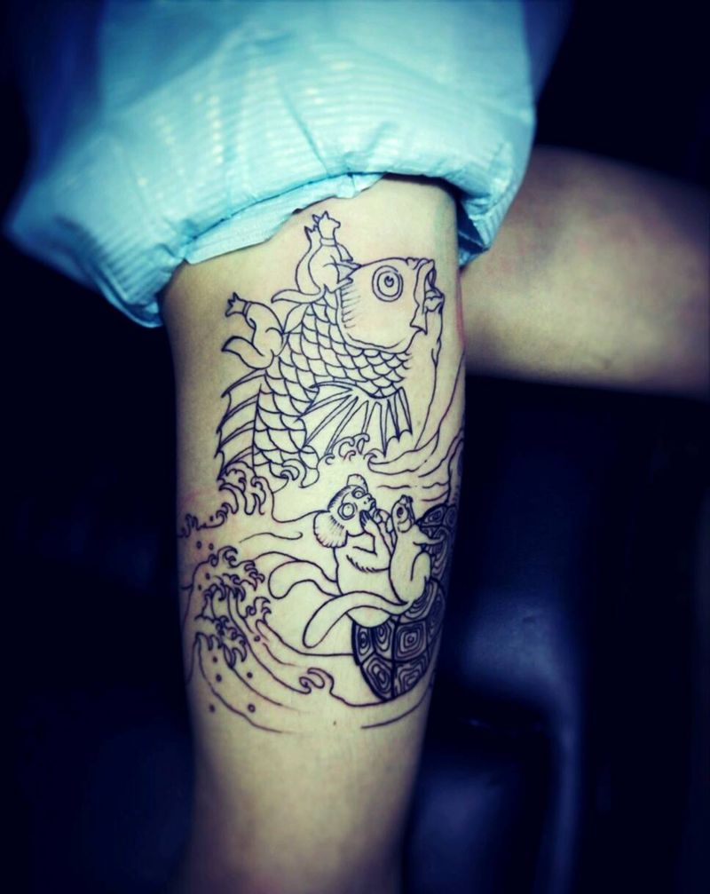 今天工作，线都没纹完纹身图片_腿部传统习俗国画字符动物鬼神原创手稿插画纹身图案