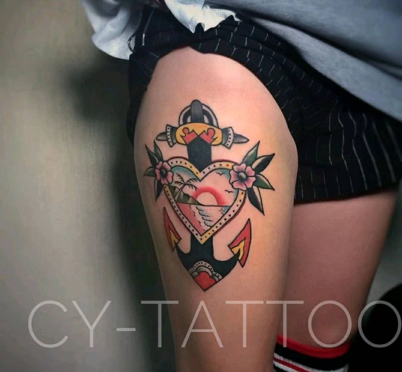 old school船锚纹身图片_腿部欧美静物成品纹身图案