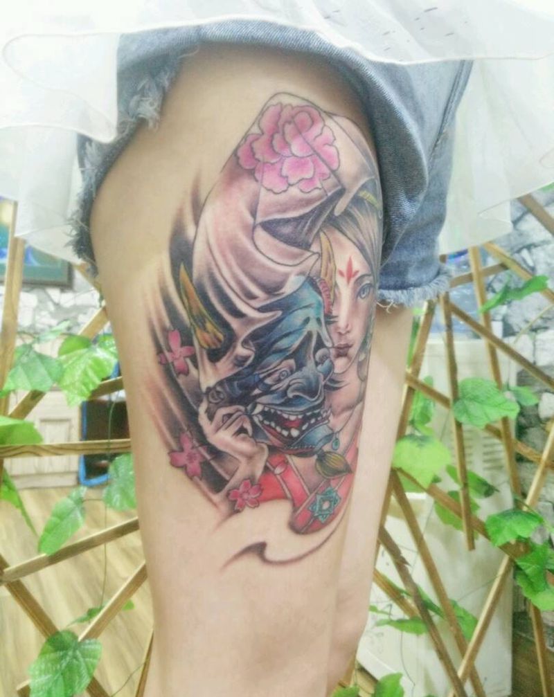 大腿艺姫纹身图片