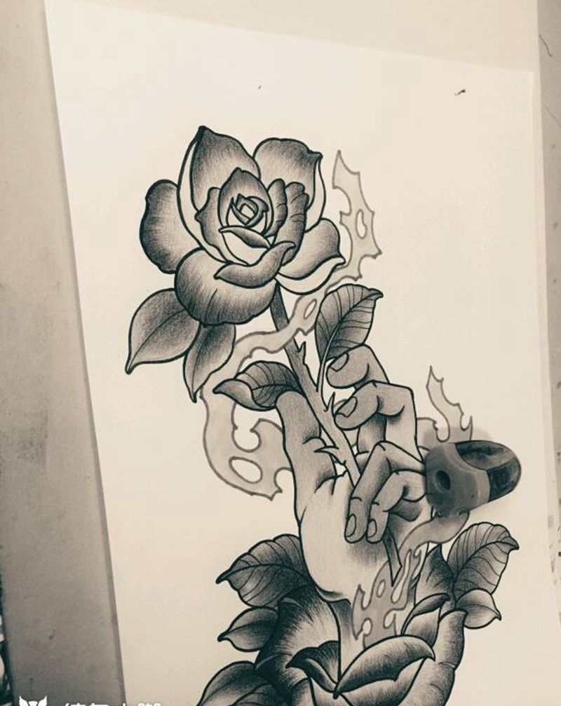 原创手稿花生花纹身图片_手臂腿部欧美植物鬼神原创手稿插画纹身图案