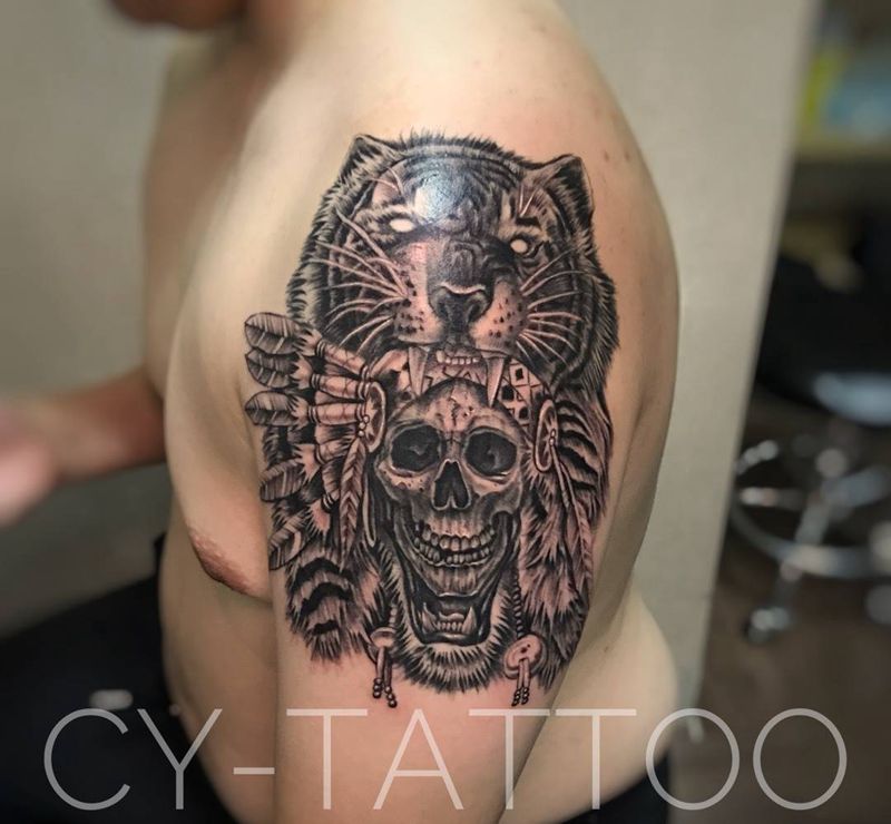 印第安骷髅老虎纹身图片_成品手臂欧美肖像写实人物几何原创鬼神腿部纹身图案