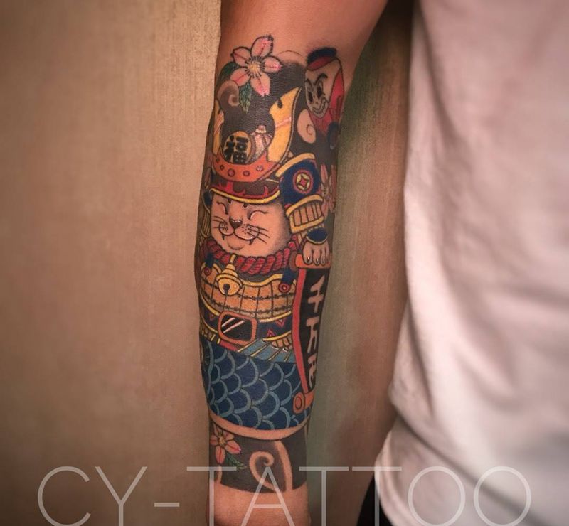 原创武士招财猫纹身图片_原创人物动物欧美传统写实习俗成品手臂腿部纹身图案