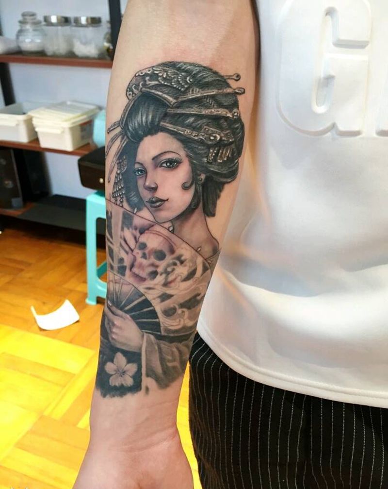 艺妓纹身图片_背部手臂腿部欧美传统肖像人物成品插画纹身图案