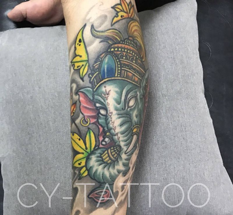 原创象神纹身包小腿纹身图片_传统习俗国画手臂腿部成品原创鬼神动物静物纹身图案