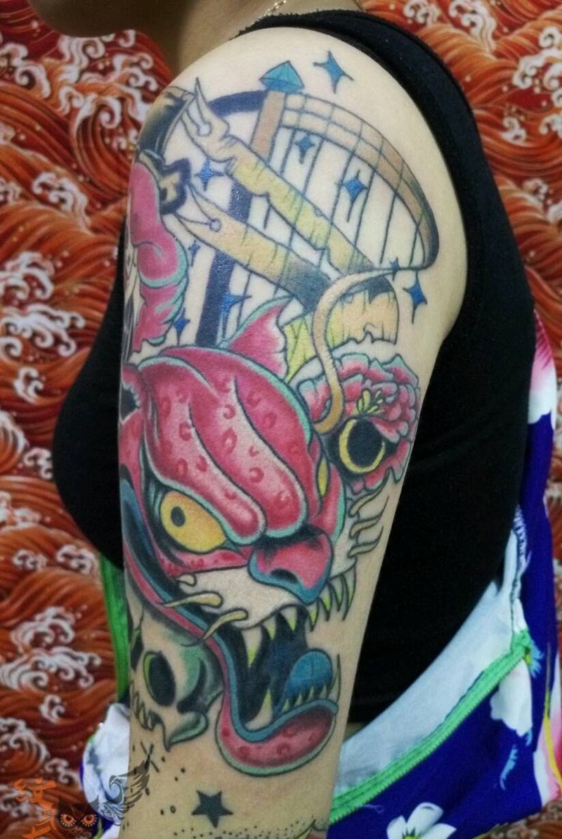 粉红豹纹身图片_手臂手部欧美传统清新几何动物人物植物纹身图案