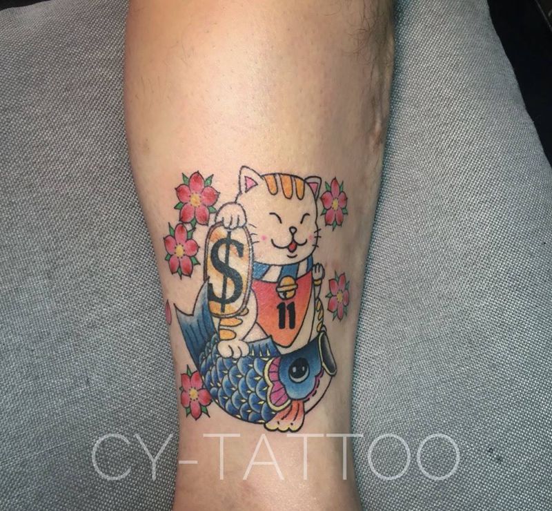 招财猫，原创纹身图片_原创动物人物传统清新习俗国画手臂腿部成品纹身图案