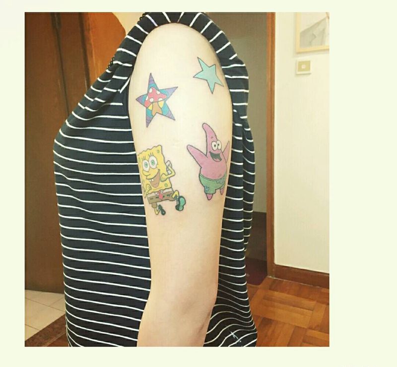 海绵宝宝系列纹身纹身图片_手臂欧美清新贴纸几何动物图腾成品插画纹身图案