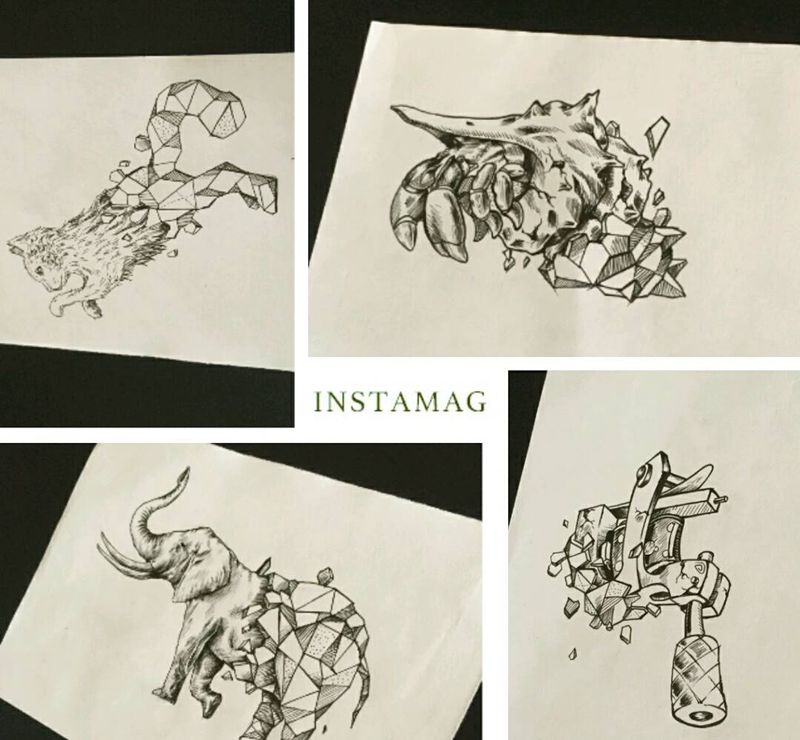 武的原创手稿纹身图片_欧美几何人物静物原创手稿插画纹身图案