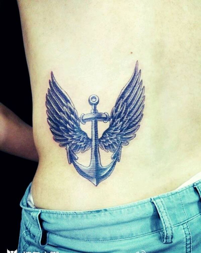 飞翔的船锚纹身图片_腰部手臂腿部欧美清新动物静物图腾原创纹身图案