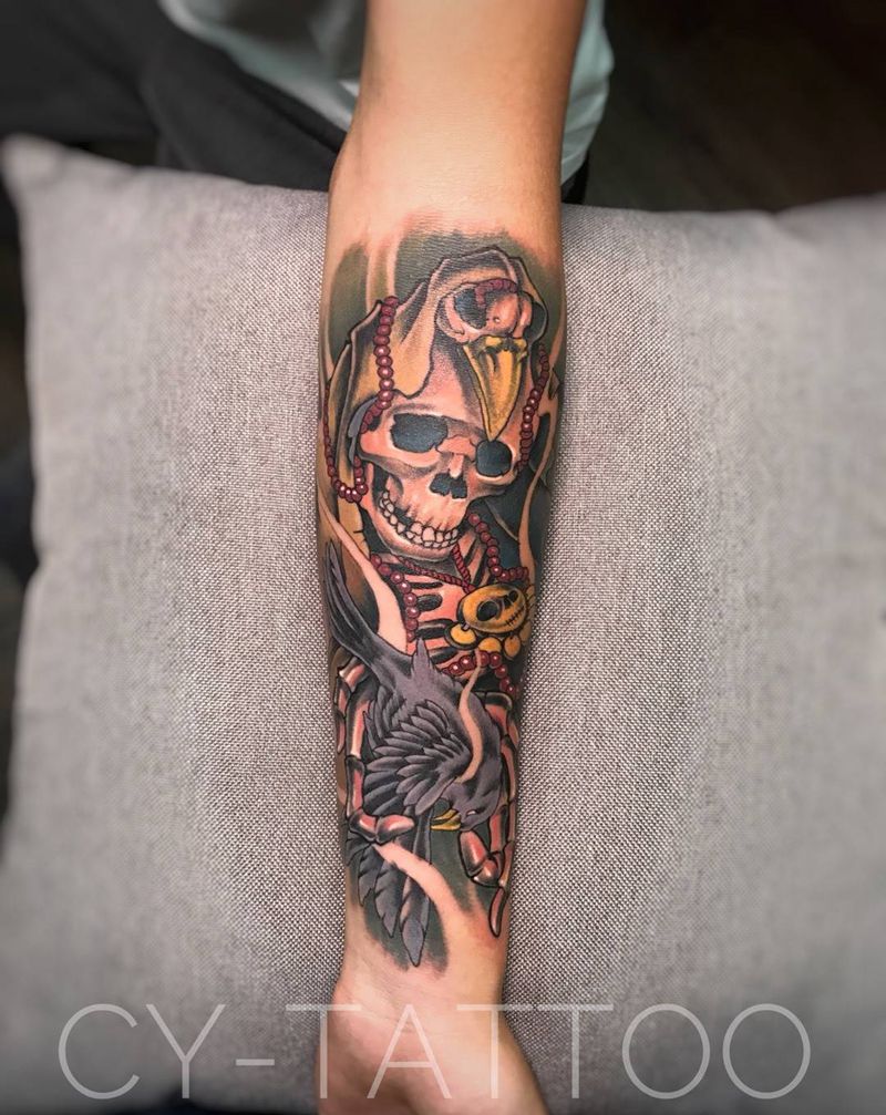 死神纹身图片_人物鬼神欧美清新写实手臂腿部成品传统原创纹身图案