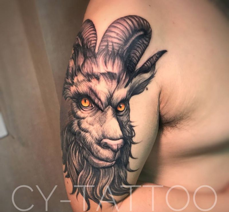 撒旦羊头遮盖胎记纹身图片_动物鬼神欧美写实手臂腿部成品宗教人物纹身图案