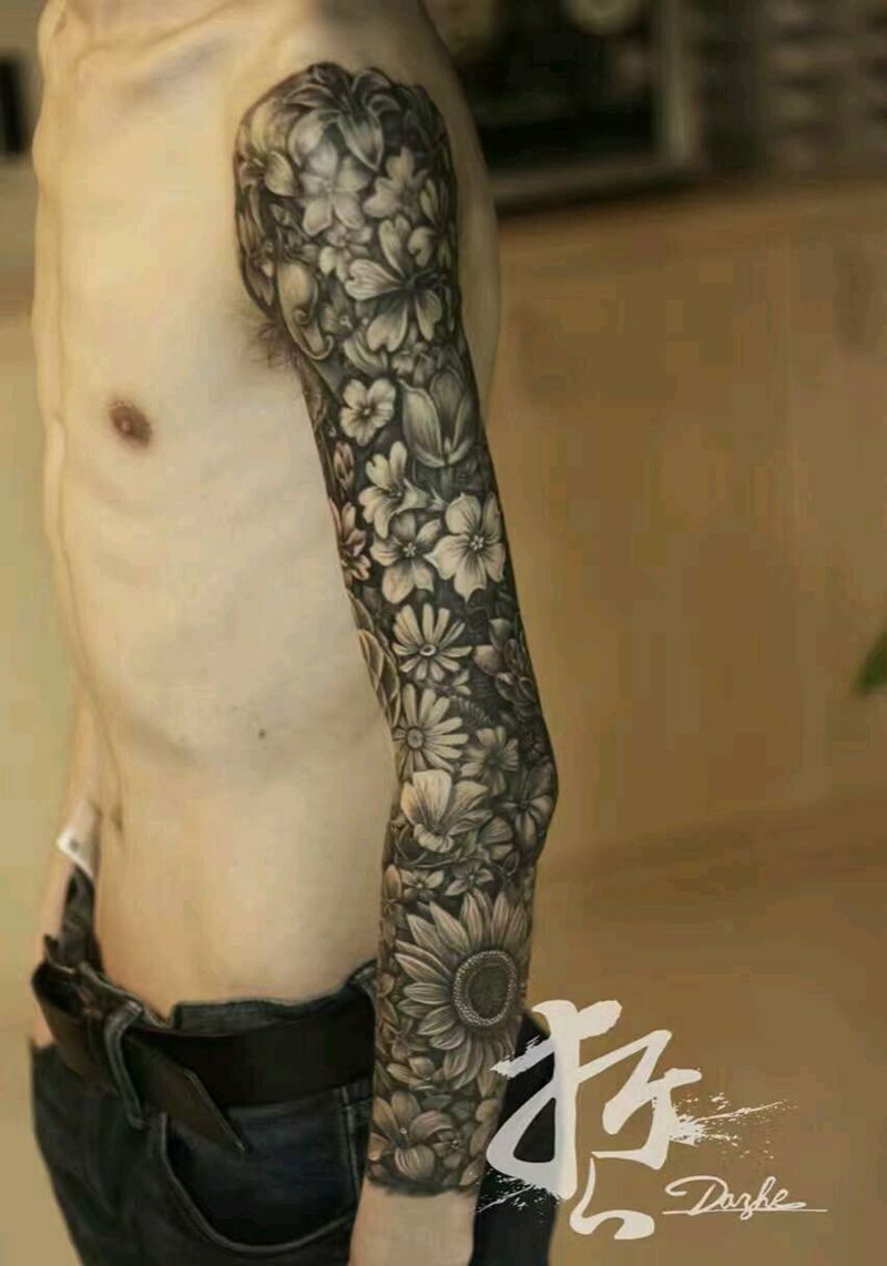 第二条“全花”花臂纹身图片_肩部手臂腿部欧美清新写实植物原创成品插画纹身图案