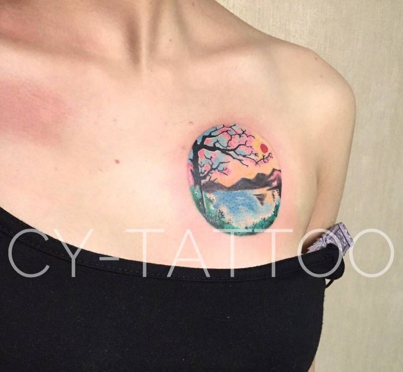 小清新风景纹身纹身图片_几何静物植物欧美胸部成品背部纹身图案