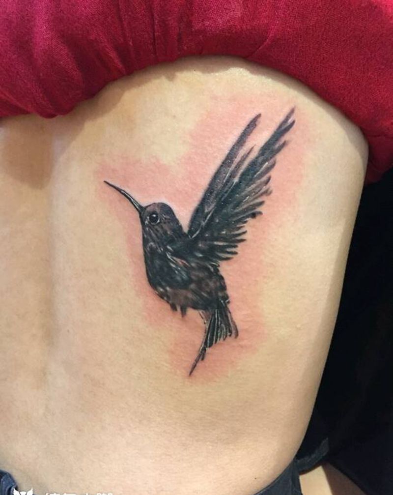 水墨蜂鸟遮盖旧纹身纹身图片_腰部背部传统清新写实国画动物成品插画纹身图案