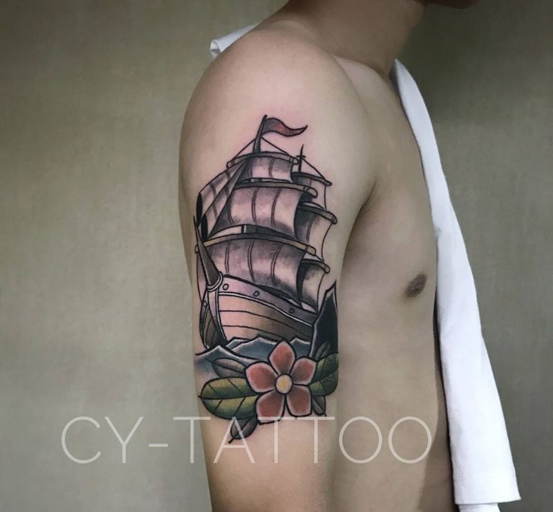 原创oldschool帆船纹身图片_原创植物欧美清新传统习俗手臂腿部成品静物纹身图案