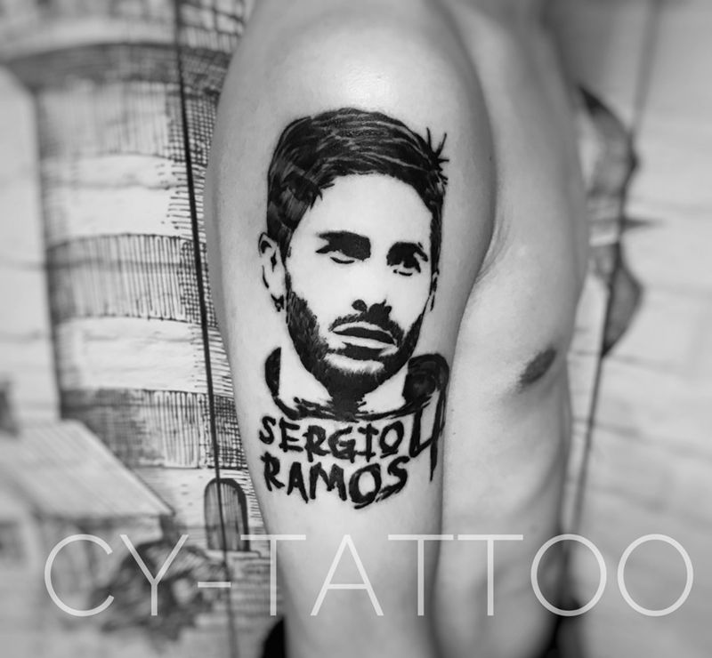 皇马球星拉莫斯纹身图片_成品手臂腿部欧美肖像写实人物原创几何清新纹身图案