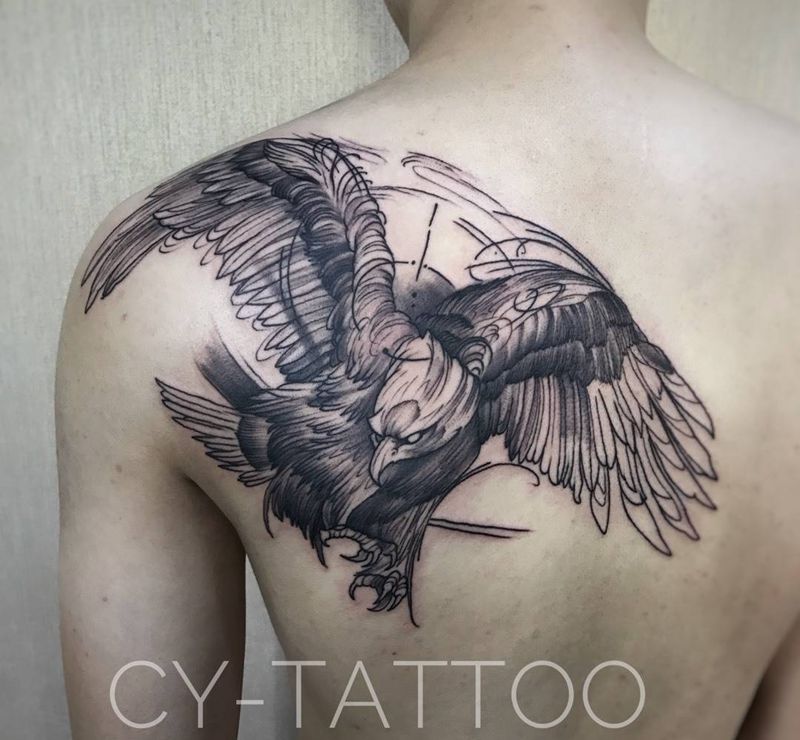 速写鹰纹身图片_几何动物欧美成品手臂腿部肩部背部传统清新纹身图案