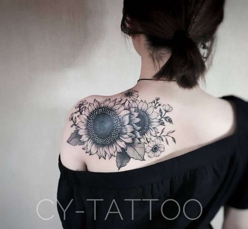 原创向日葵遮盖纹身图片_原创植物欧美清新写实手臂成品背部腿部肩部纹身图案