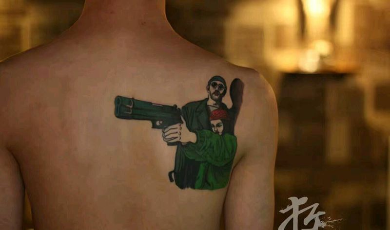 插画版杀手不太冷纹身图片_肩部背部欧美肖像人物成品手稿插画纹身图案